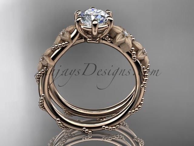14kt rose gold diamond floral, leaf and vine wedding ring, engagement ring with "Forever One" Moissanite center stone ADLR66 - AnjaysDesigns