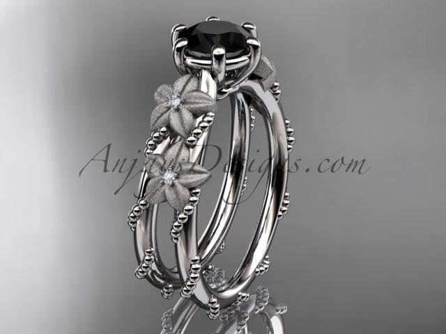 14kt white gold diamond floral, leaf and vine wedding ring, engagement ring with  Black Diamond center stone ADLR66 - AnjaysDesigns
