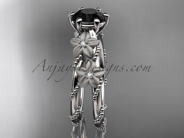 14kt white gold diamond floral, leaf and vine wedding ring, engagement ring with  Black Diamond center stone ADLR66 - AnjaysDesigns