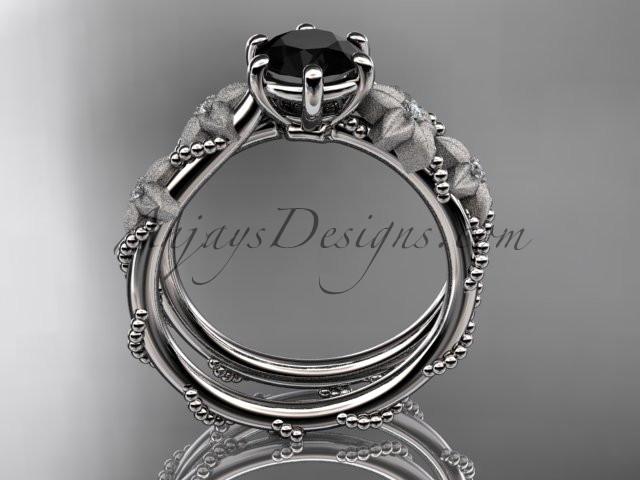 14kt white gold diamond floral, leaf and vine wedding ring, engagement ring with  Black Diamond center stone ADLR66 - AnjaysDesigns