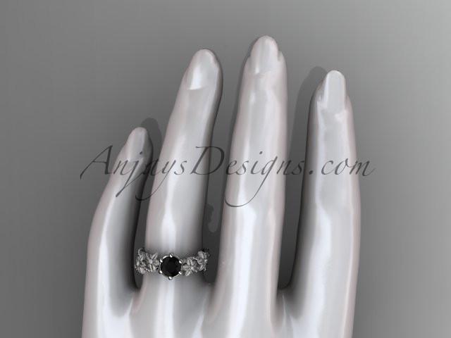 14kt white gold diamond floral, leaf and vine wedding ring, engagement ring with  Black Diamond center stone ADLR66 - AnjaysDesigns