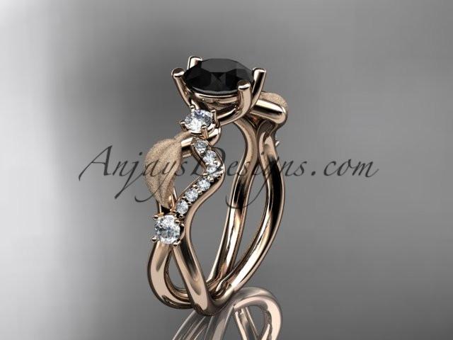 14kt rose gold diamond leaf and vine wedding ring, engagement ring with Black Diamond center stone ADLR68 - AnjaysDesigns