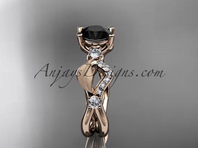 14kt rose gold diamond leaf and vine wedding ring, engagement ring with Black Diamond center stone ADLR68 - AnjaysDesigns