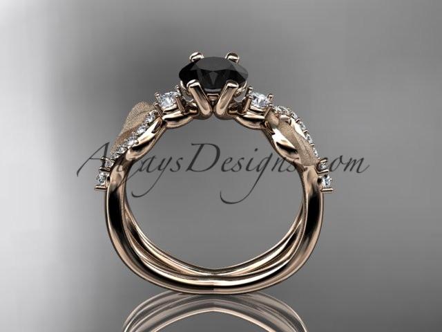 14kt rose gold diamond leaf and vine wedding ring, engagement ring with Black Diamond center stone ADLR68 - AnjaysDesigns