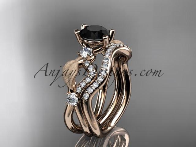 14kt rose gold diamond leaf and vine wedding ring, engagement set with Black Diamond center stone ADLR68S - AnjaysDesigns