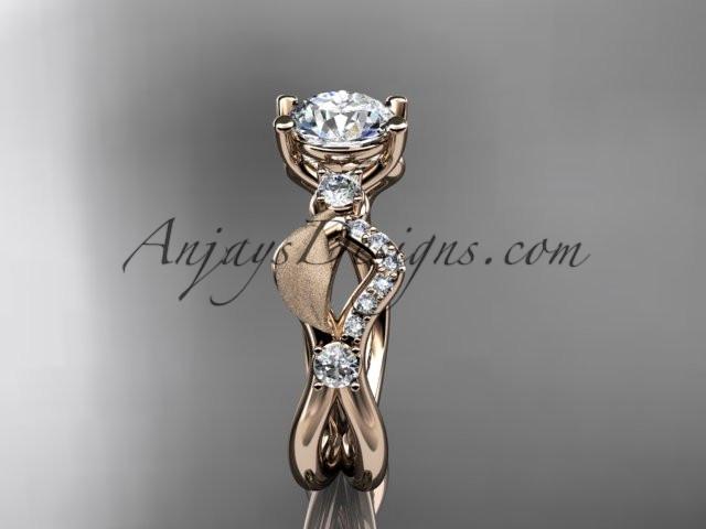 14kt rose gold diamond leaf and vine wedding ring, engagement ring with "Forever One" Moissanite center stone ADLR68 - AnjaysDesigns