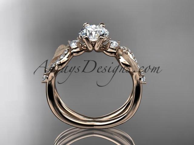 14kt rose gold diamond leaf and vine wedding ring, engagement ring with "Forever One" Moissanite center stone ADLR68 - AnjaysDesigns