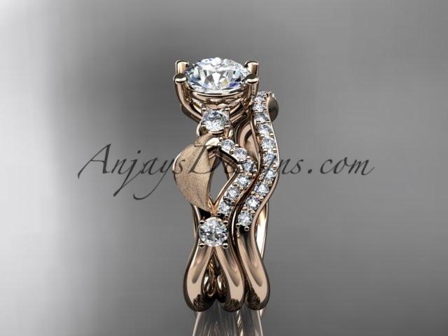14kt rose gold diamond leaf and vine wedding ring, engagement set with "Forever One" Moissanite center stone ADLR68S - AnjaysDesigns