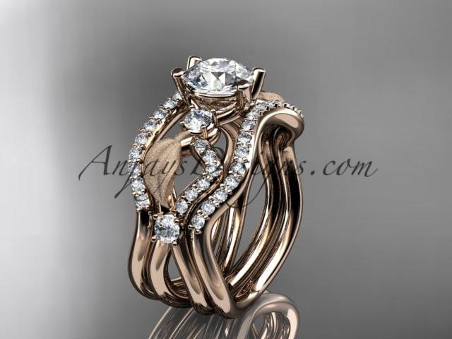 14kt rose gold diamond leaf and vine wedding ring, engagement ring with double matching band ADLR68S - AnjaysDesigns