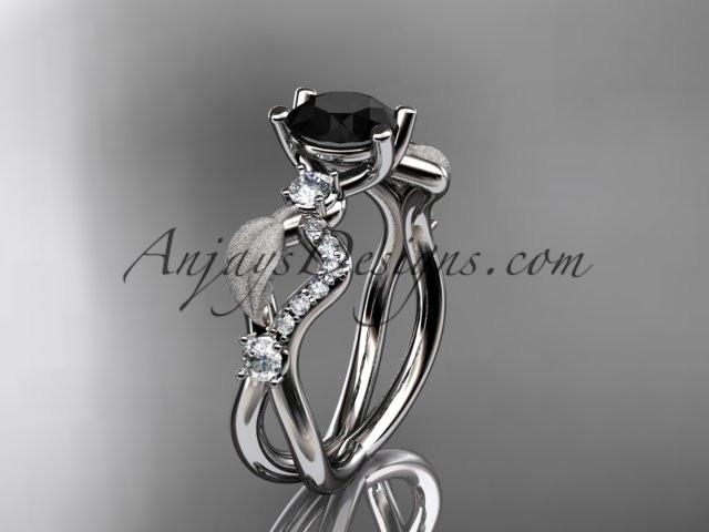14kt white gold diamond leaf and vine wedding ring, engagement ring with Black Diamond center stone ADLR68 - AnjaysDesigns