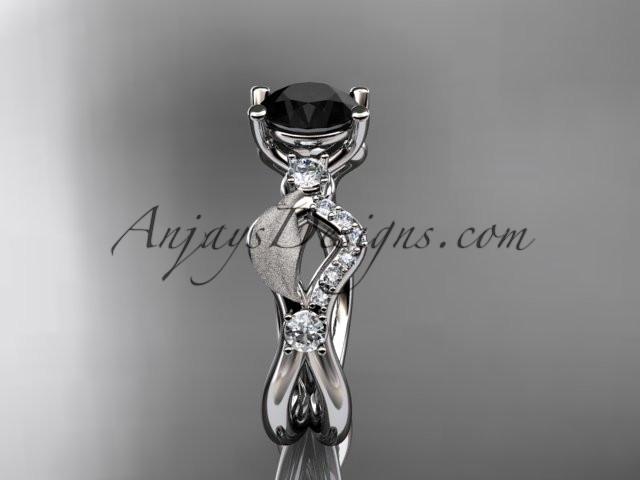 14kt white gold diamond leaf and vine wedding ring, engagement ring with Black Diamond center stone ADLR68 - AnjaysDesigns