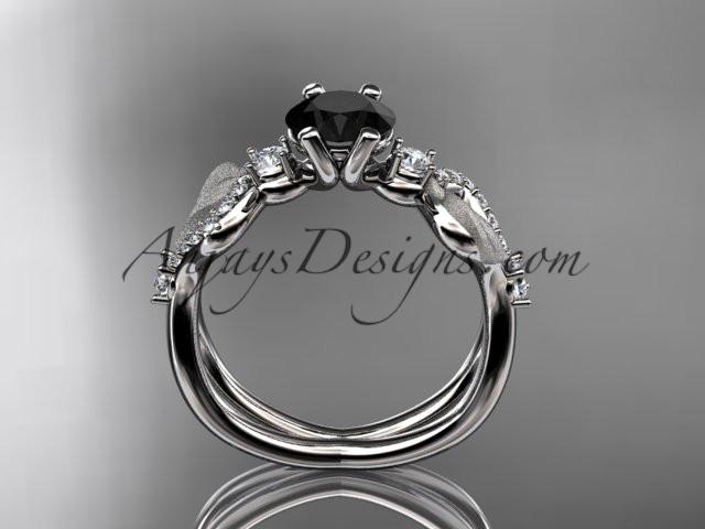 14kt white gold diamond leaf and vine wedding ring, engagement ring with Black Diamond center stone ADLR68 - AnjaysDesigns