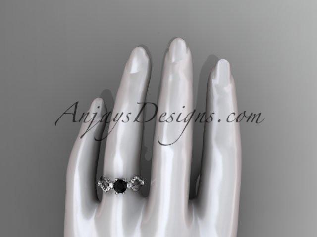 14kt white gold diamond leaf and vine wedding ring, engagement ring with Black Diamond center stone ADLR68 - AnjaysDesigns
