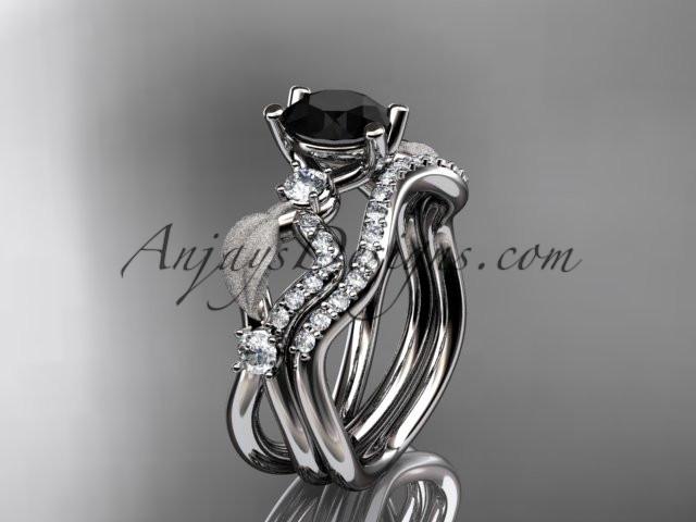 platinum diamond leaf and vine wedding ring, engagement set with Black Diamond center stone ADLR68S - AnjaysDesigns