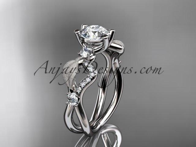 14kt white gold diamond leaf and vine wedding ring, engagement ring with "Forever One" Moissanite center stone ADLR68 - AnjaysDesigns
