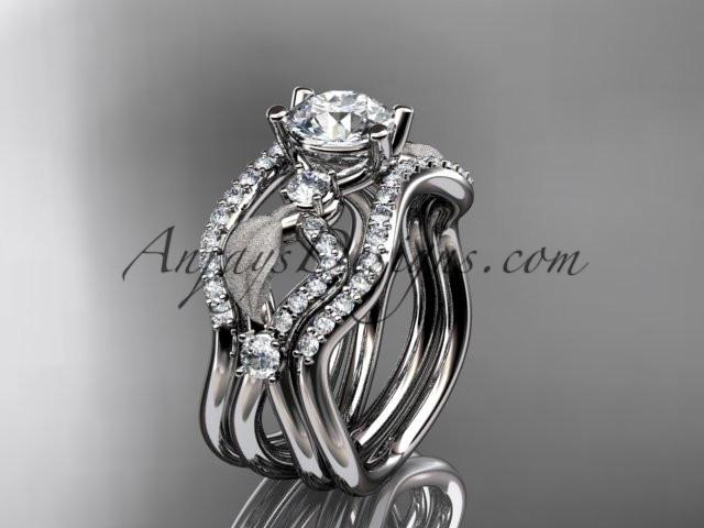 platinum diamond leaf and vine wedding ring, engagement ring with double matching band ADLR68S - AnjaysDesigns