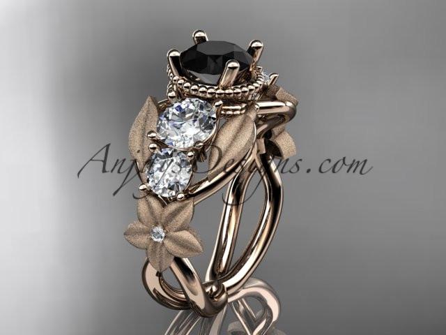 14kt rose gold diamond floral, leaf and vine wedding ring, engagement ring with Black Diamond center stone ADLR69 - AnjaysDesigns