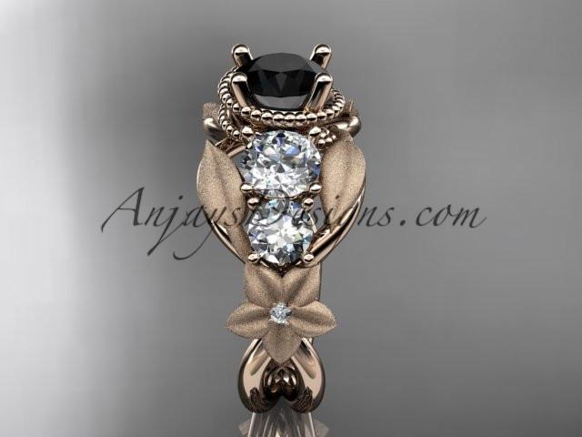 14kt rose gold diamond floral, leaf and vine wedding ring, engagement ring with Black Diamond center stone ADLR69 - AnjaysDesigns