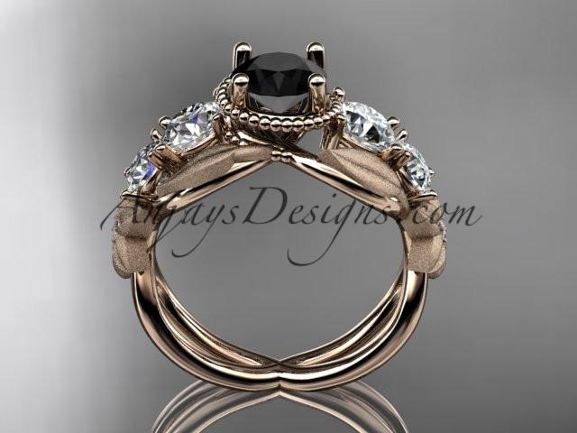 14kt rose gold diamond floral, leaf and vine wedding ring, engagement ring with Black Diamond center stone ADLR69 - AnjaysDesigns