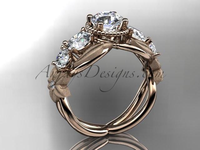 14kt rose gold diamond floral, leaf and vine wedding ring, engagement ring with "Forever One" Moissanite center stone ADLR69 - AnjaysDesigns
