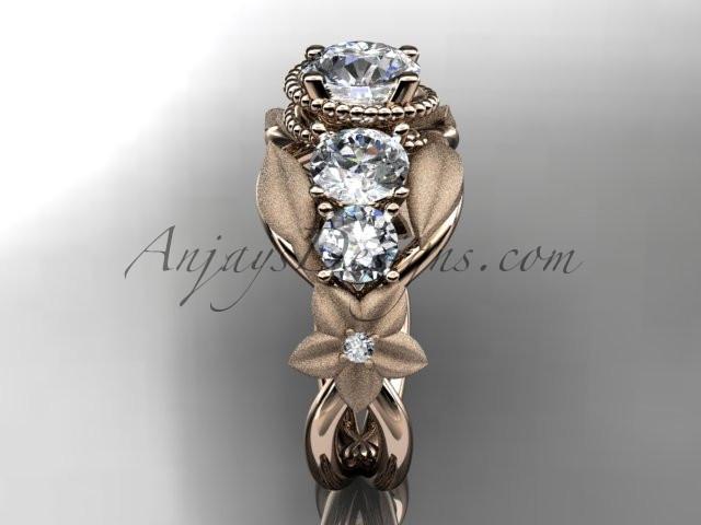 14kt rose gold diamond floral, leaf and vine wedding ring, engagement ring with "Forever One" Moissanite center stone ADLR69 - AnjaysDesigns
