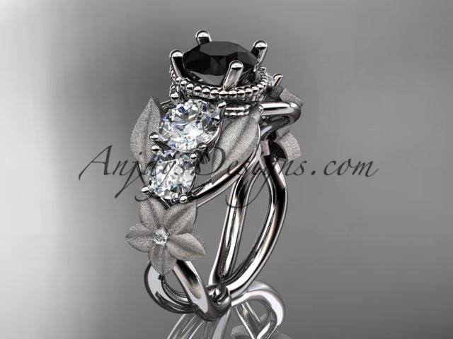 14kt white gold diamond floral, leaf and vine wedding ring, engagement ring with Black Diamond center stone ADLR69 - AnjaysDesigns