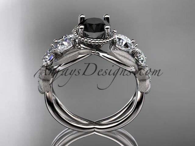 14kt white gold diamond floral, leaf and vine wedding ring, engagement ring with Black Diamond center stone ADLR69 - AnjaysDesigns