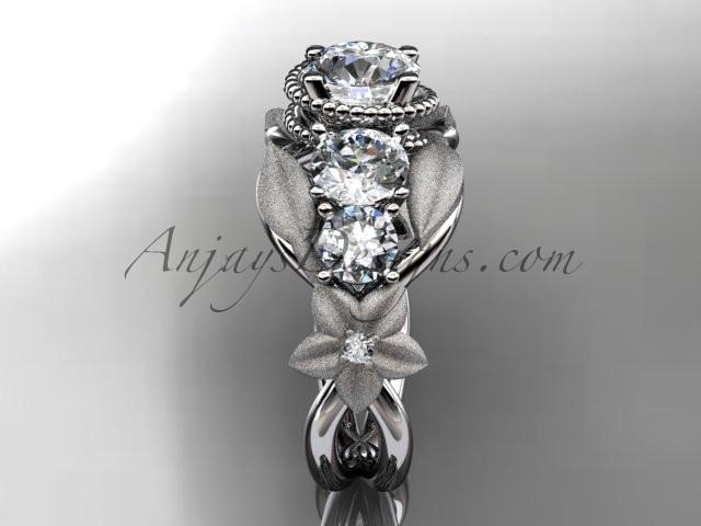 14kt white gold diamond floral, leaf and vine wedding ring, engagement ring with "Forever One" Moissanite center stone ADLR69 - AnjaysDesigns