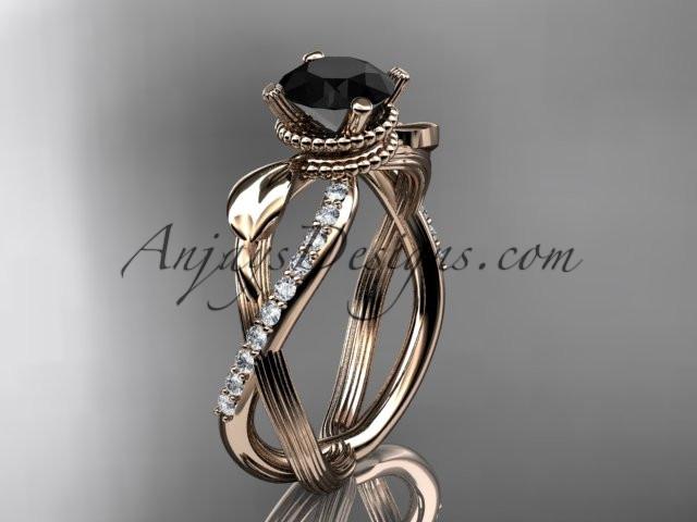 14kt rose gold diamond leaf and vine wedding ring, engagement ring with Black Diamond center stone ADLR70 - AnjaysDesigns