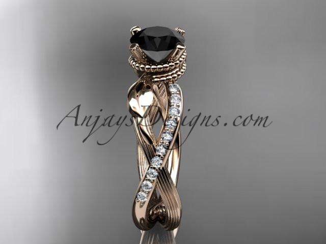 14kt rose gold diamond leaf and vine wedding ring, engagement ring with Black Diamond center stone ADLR70 - AnjaysDesigns