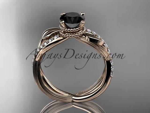 14kt rose gold diamond leaf and vine wedding ring, engagement ring with Black Diamond center stone ADLR70 - AnjaysDesigns