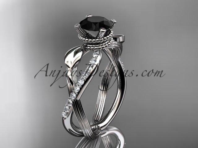 14kt white gold diamond leaf and vine wedding ring, engagement ring with Black Diamond center stone ADLR70 - AnjaysDesigns
