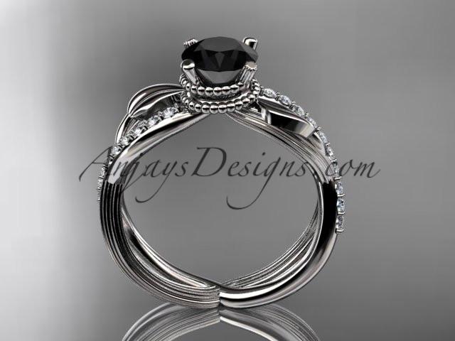 14kt white gold diamond leaf and vine wedding ring, engagement ring with Black Diamond center stone ADLR70 - AnjaysDesigns