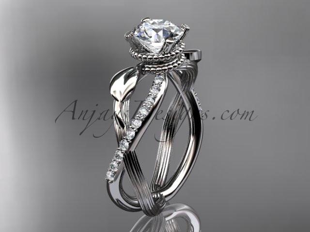 Platinum diamond leaf and vine wedding ring, engagement ring with "Forever One" Moissanite center stone ADLR70 - AnjaysDesigns