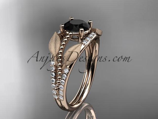 14kt rose gold diamond leaf and vine wedding ring, engagement ring with Black Diamond center stone ADLR75 - AnjaysDesigns