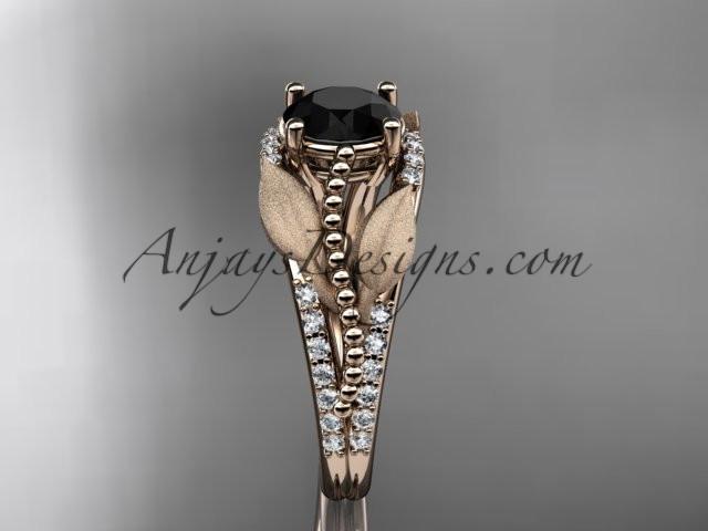 14kt rose gold diamond leaf and vine wedding ring, engagement ring with Black Diamond center stone ADLR75 - AnjaysDesigns