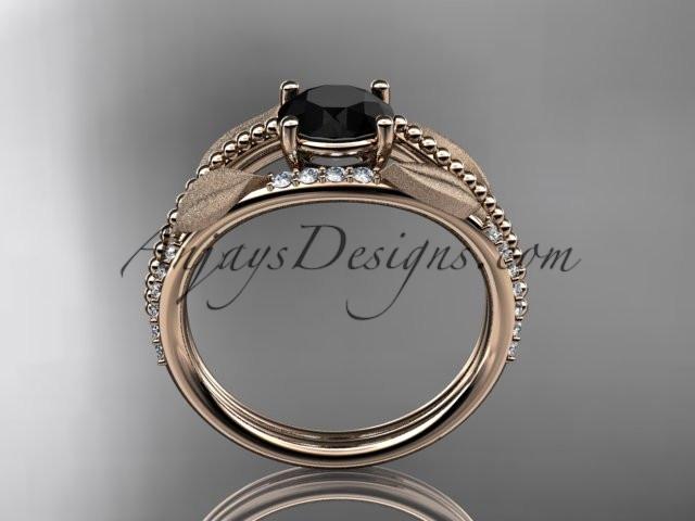 14kt rose gold diamond leaf and vine wedding ring, engagement ring with Black Diamond center stone ADLR75 - AnjaysDesigns