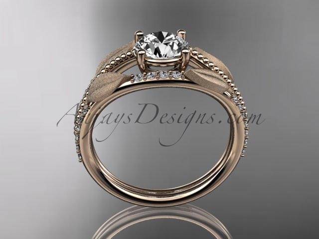 14kt rose gold diamond leaf and vine wedding ring, engagement ring with "Forever One" Moissanite center stone ADLR75 - AnjaysDesigns