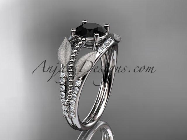 14kt white gold diamond leaf and vine wedding ring, engagement ring with Black Diamond center stone ADLR75 - AnjaysDesigns