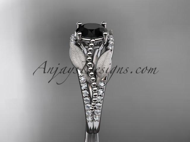 14kt white gold diamond leaf and vine wedding ring, engagement ring with Black Diamond center stone ADLR75 - AnjaysDesigns