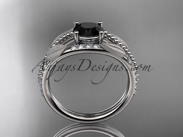 14kt white gold diamond leaf and vine wedding ring, engagement ring with Black Diamond center stone ADLR75 - AnjaysDesigns