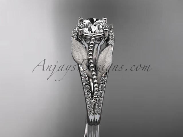 14kt white gold diamond leaf and vine wedding ring, engagement ring with "Forever One" Moissanite center stone ADLR75 - AnjaysDesigns