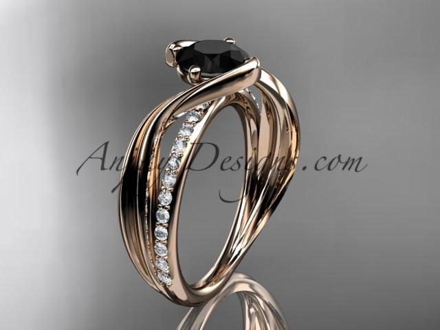 14kt rose gold diamond leaf and vine wedding ring, engagement ring with Black Diamond center stone ADLR78 - AnjaysDesigns