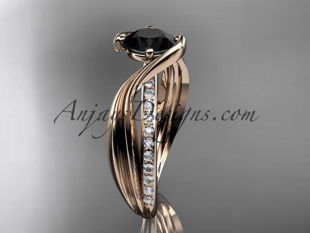14kt rose gold diamond leaf and vine wedding ring, engagement ring with Black Diamond center stone ADLR78 - AnjaysDesigns