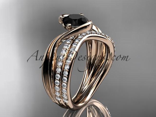14kt rose gold diamond leaf and vine wedding ring, engagement set with a Black Diamond center stone ADLR78S - AnjaysDesigns
