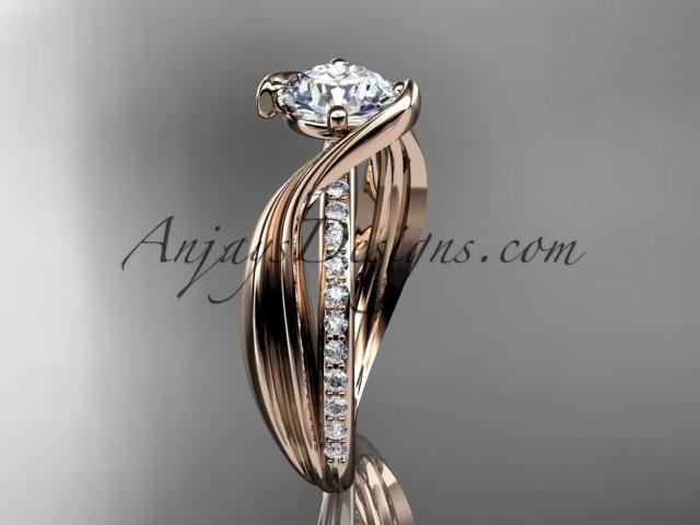 14kt rose gold diamond leaf and vine wedding ring, engagement ring with "Forever One" Moissanite center stone ADLR78 - AnjaysDesigns