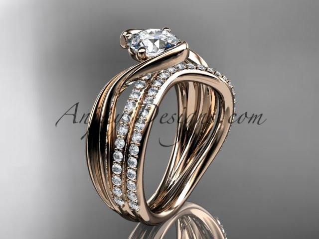 14kt rose gold diamond leaf and vine wedding ring, engagement set with a "Forever One" Moissanite center stone ADLR78S - AnjaysDesigns
