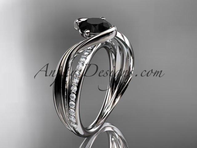 14kt white gold diamond leaf and vine wedding ring, engagement ring with Black Diamond center stone ADLR78 - AnjaysDesigns