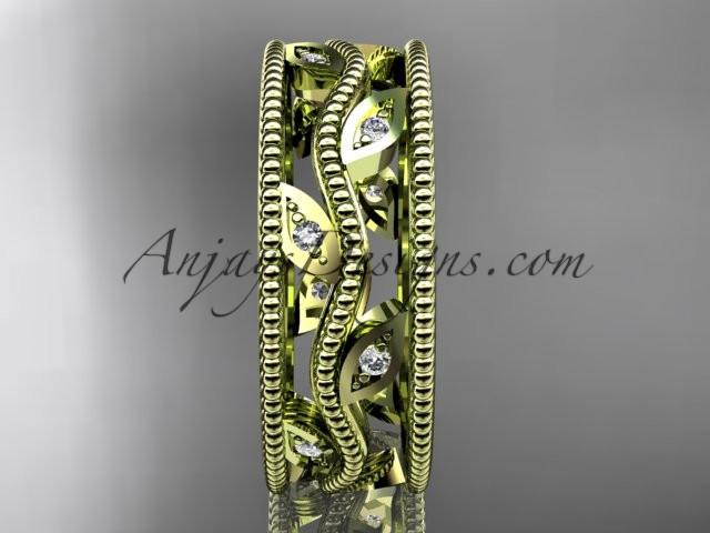 14k yellow gold diamond leaf and vine wedding band,engagement ring ADLR7B - AnjaysDesigns