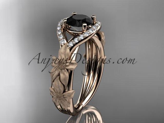 14kt rose gold diamond leaf and vine wedding ring, engagement ring with Black Diamond center stone ADLR85 - AnjaysDesigns